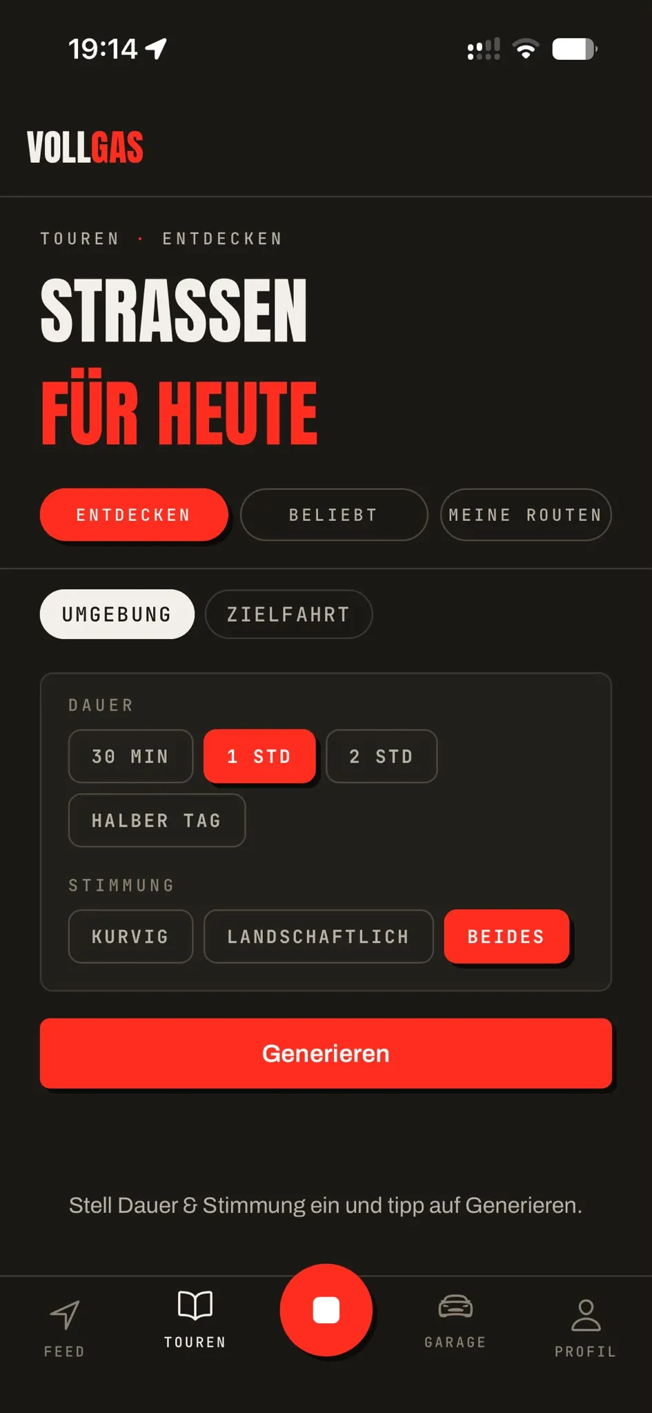 VOLLGAS Routen-Generator — Straßen für heute